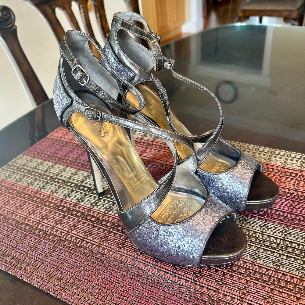 Guess Pewter Patent Leather & Glitter Stiletto Sandals- Foot & Ankle Straps S 10